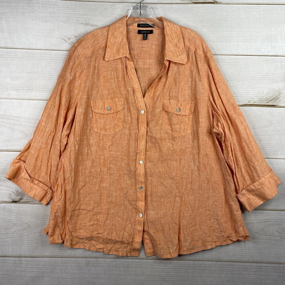 Foxcroft Womens Top 24W Linen Chambray Orange Button Up Shaped Fit 3/4 Sleeve